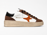 Ama Brand sneakers uomo in pelle bassa slam bianco marrone logo arancione