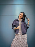 Kikisix donna bomber denim con spilla e tasche blu