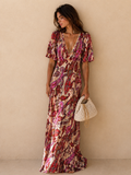 Kikisix donna abito lungo con stampa e pizzo beige
