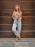 Pont jeans denim donna straight cropped leg chiaro sporcato