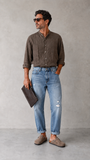 Pont jeans denim uomo cropped medio chiaro rotto