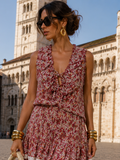Kikisix donna top smanicato con volant e stampa rosso india