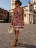 Kikisix donna top smanicato con volant e stampa rosso india