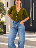 Kikisix Donna Cardigan col olio mezza manica con bottone gioiello