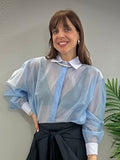 kikisix Camicia donna azzurra  in mussola con colletto a righe