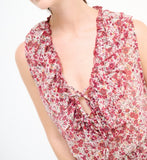 Kikisix donna top smanicato con volant e stampa rosso india