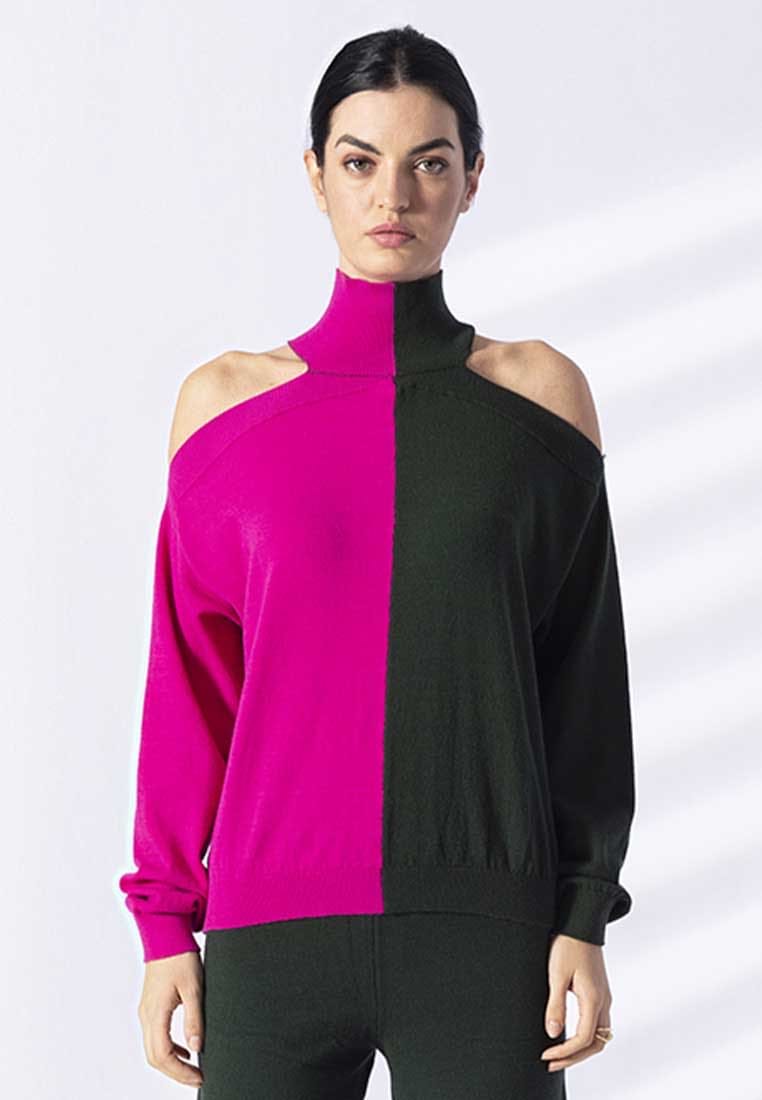 Anonyme designers maglia donna collo alto bicolor verde-fucsia