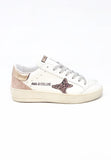 Ama brand sneakers in white leather for women with salmon pink laminated heel and glit