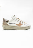 Ama brand white women's sneakers with salmon laces and salmon logo and rose gold glitter