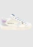 Ama brand white women's sneakers with blue laces, lilac heel and white glitter