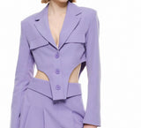 Blazer donna lilla con bottoni frontali e taglio stondato ai lati