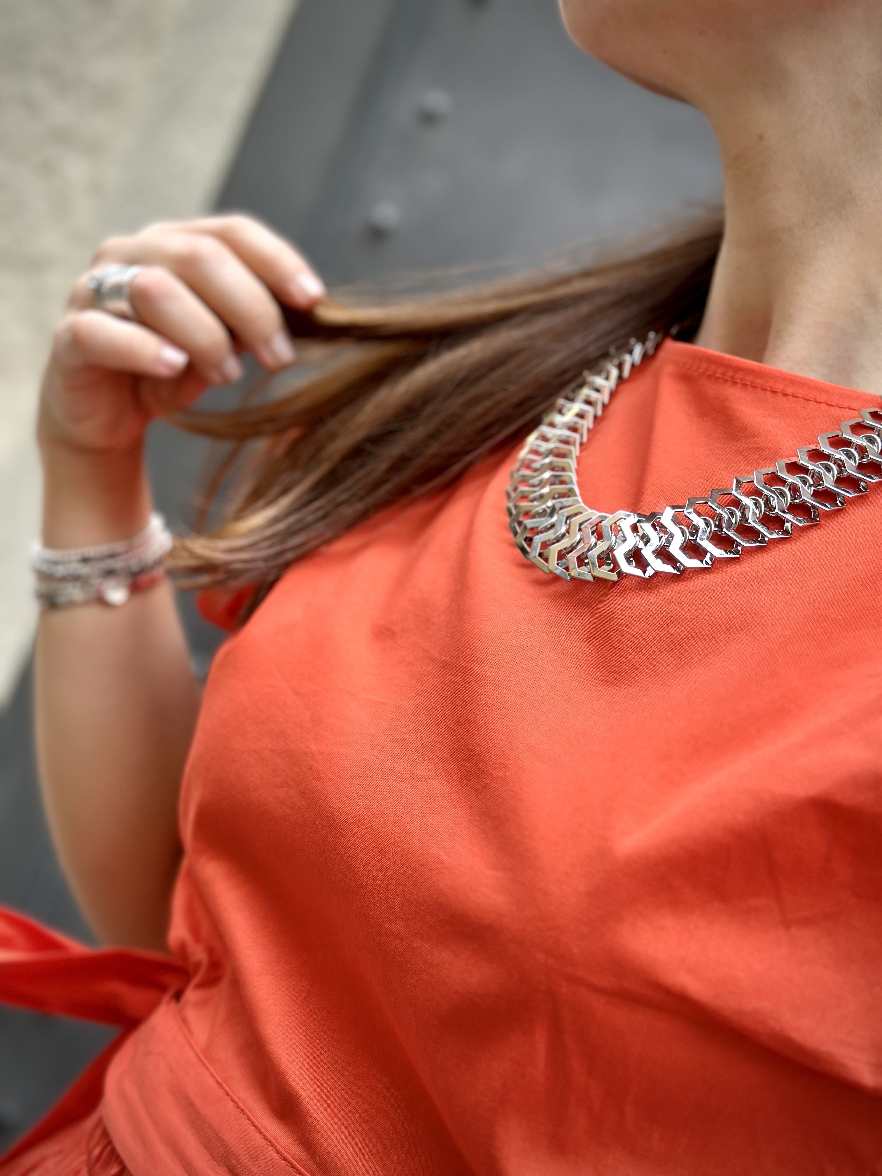 collana donna maxi girocollo in maglia di metallo color argento