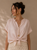 Kikisix camicia donna  manica corta in mussola rosa cipria e bianco