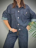 Kikisix donna bomber denim con spilla e tasche blu