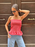 Top donna a fascia rosso con elastico a fantasia fiori