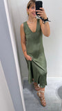 Abito donna lungo in Raso verde militare