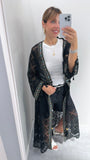 KIMONO DONNA Caftano in pizzo nero con ricami