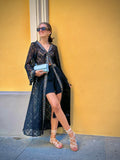 KIMONO DONNA Caftano in pizzo nero con ricami