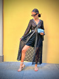 KIMONO DONNA Caftano in pizzo nero con ricami