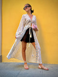 KIMONO DONNA Caftano in pizzo panna con ricami