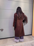 Cappotto donna lungo cioccolato con frange