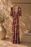 Kikisix donna abito lungo con stampa e pizzo beige