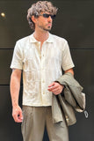 Bl11 Uomo Camicia M/m Triangoli Panna