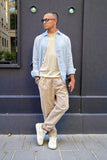 Bl11 Uomo Camicia Colletto Lino Celeste