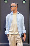 Bl11 Uomo Camicia Colletto Lino Celeste