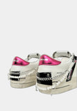 Crime London Sneakers donna bianca con glitter argento  e talloncino fucsia con catena