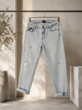 Pont jeans denim uomo cropped lavaggio chiaro  rotto zigzag