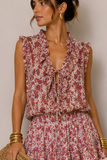 Kikisix donna top smanicato con volant e stampa rosso india