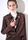 Kikisix camicia donna bottoni in suede con spilla moro