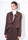Kikisix camicia donna bottoni in suede con spilla moro