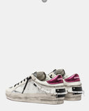 Crime London Sneakers donna bianca con glitter argento  e talloncino fucsia con catena