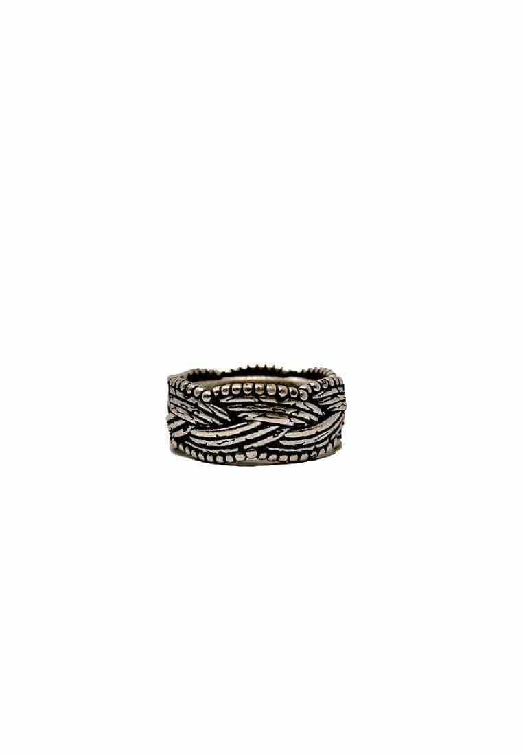PIETRO FERRANTE BRAIDED ROPE RING WITH BRONZE STUDS SILVER FINISH