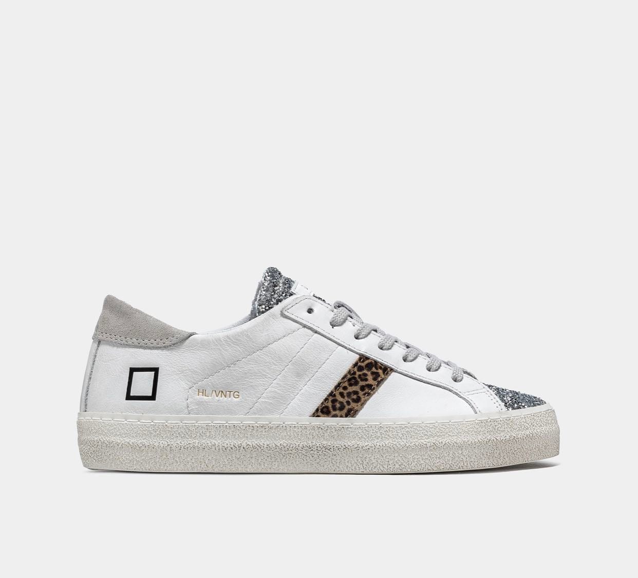 Date sneakers donna hill low vintage calf white leopard con glitter