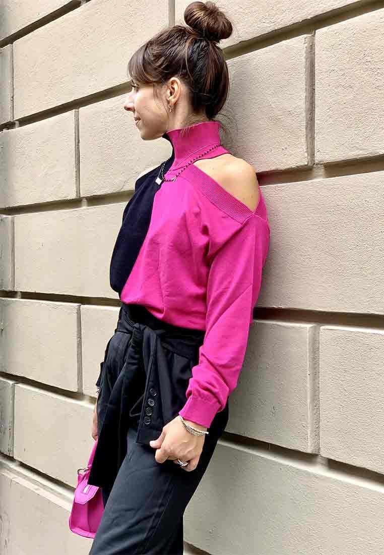 Anonyme designers maglia donna collo alto bicolor nero-fucsia